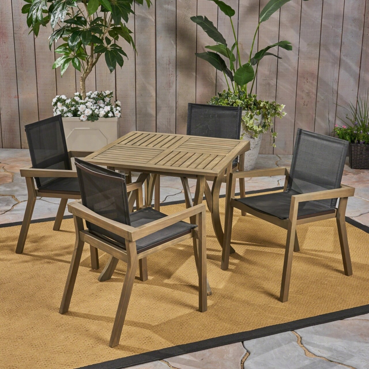 GDF Studio Ruiz Outdoor Acacia Wood 4 Seater Square Dining Set with Mesh Seats